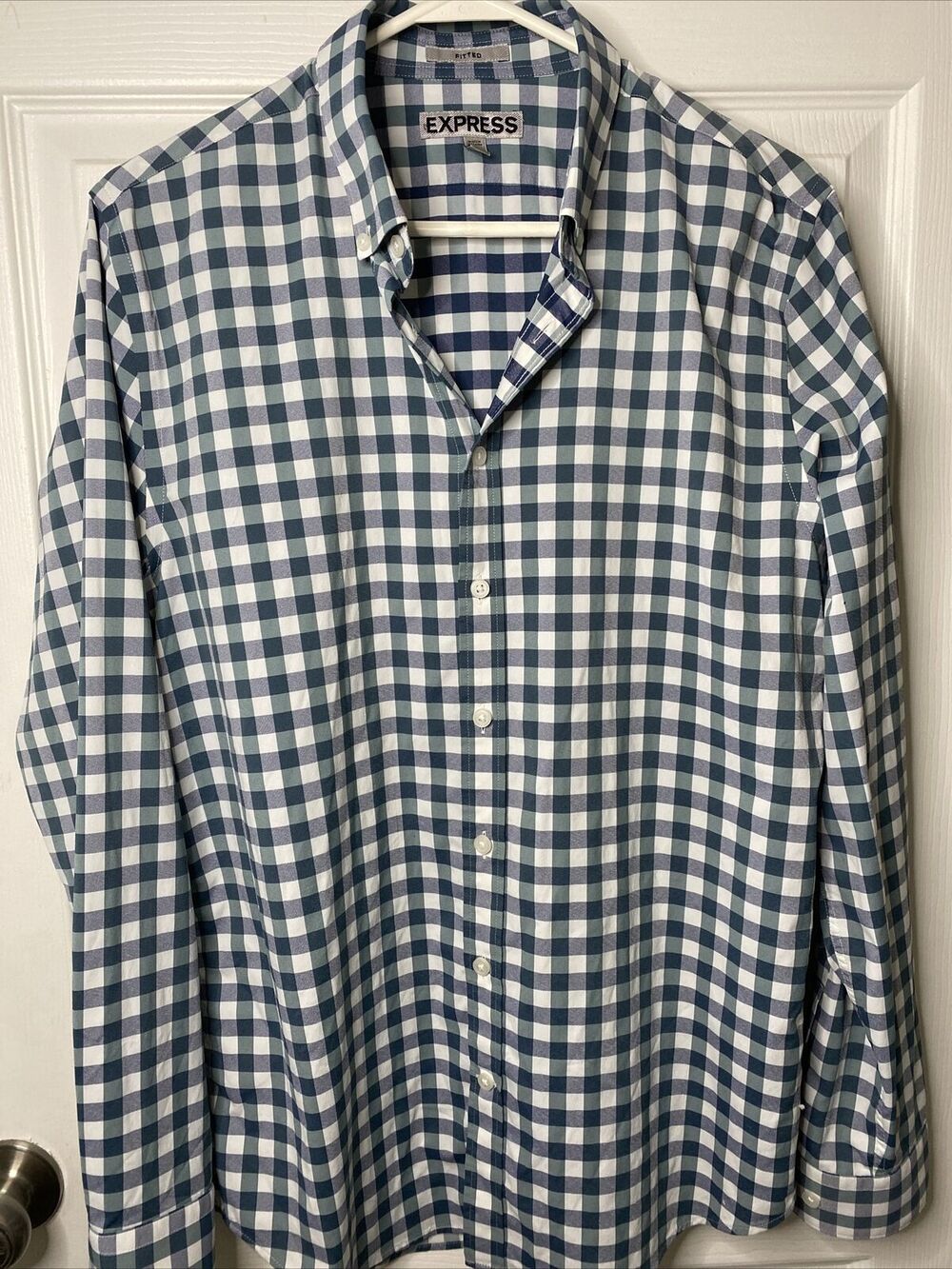 Vintage Express button up shirt green blue. Size medium fitted.